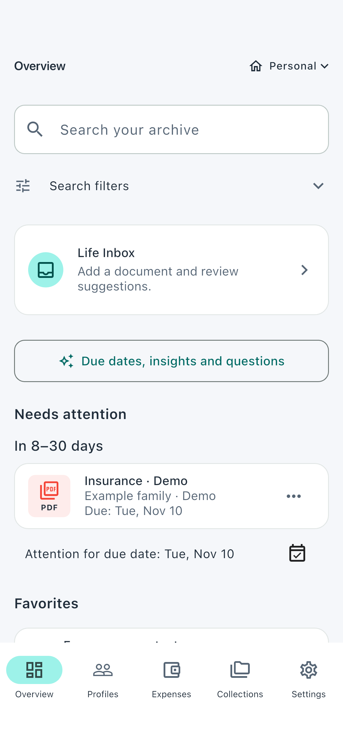 IsMe Overview with sample favourites and due dates