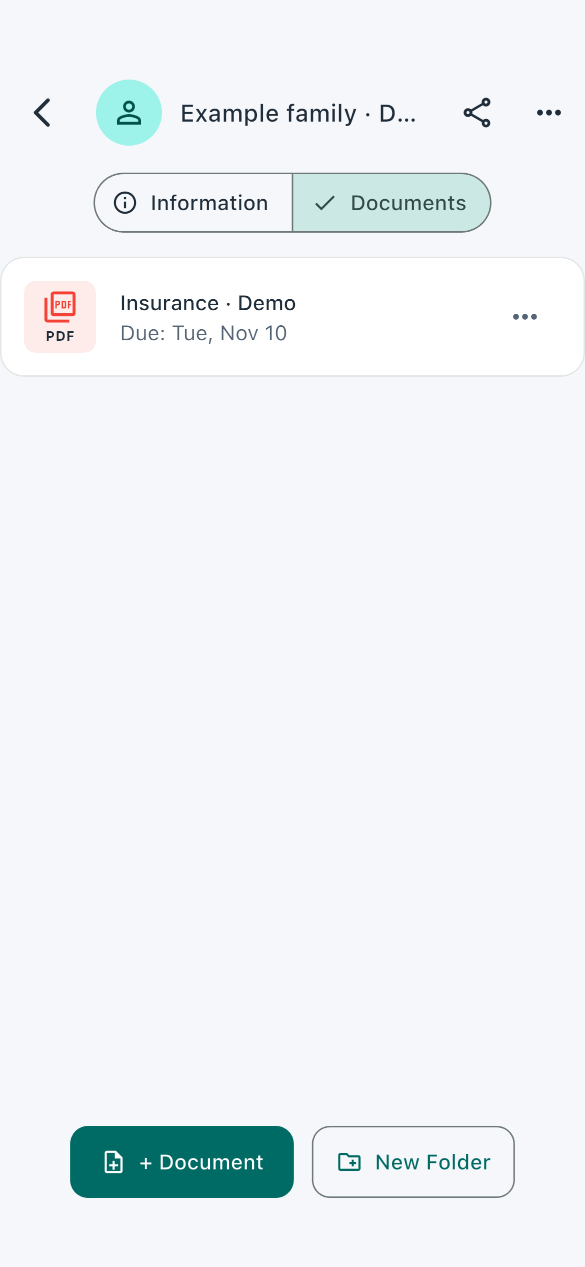 Documents by profile — actual app screen with fictional data