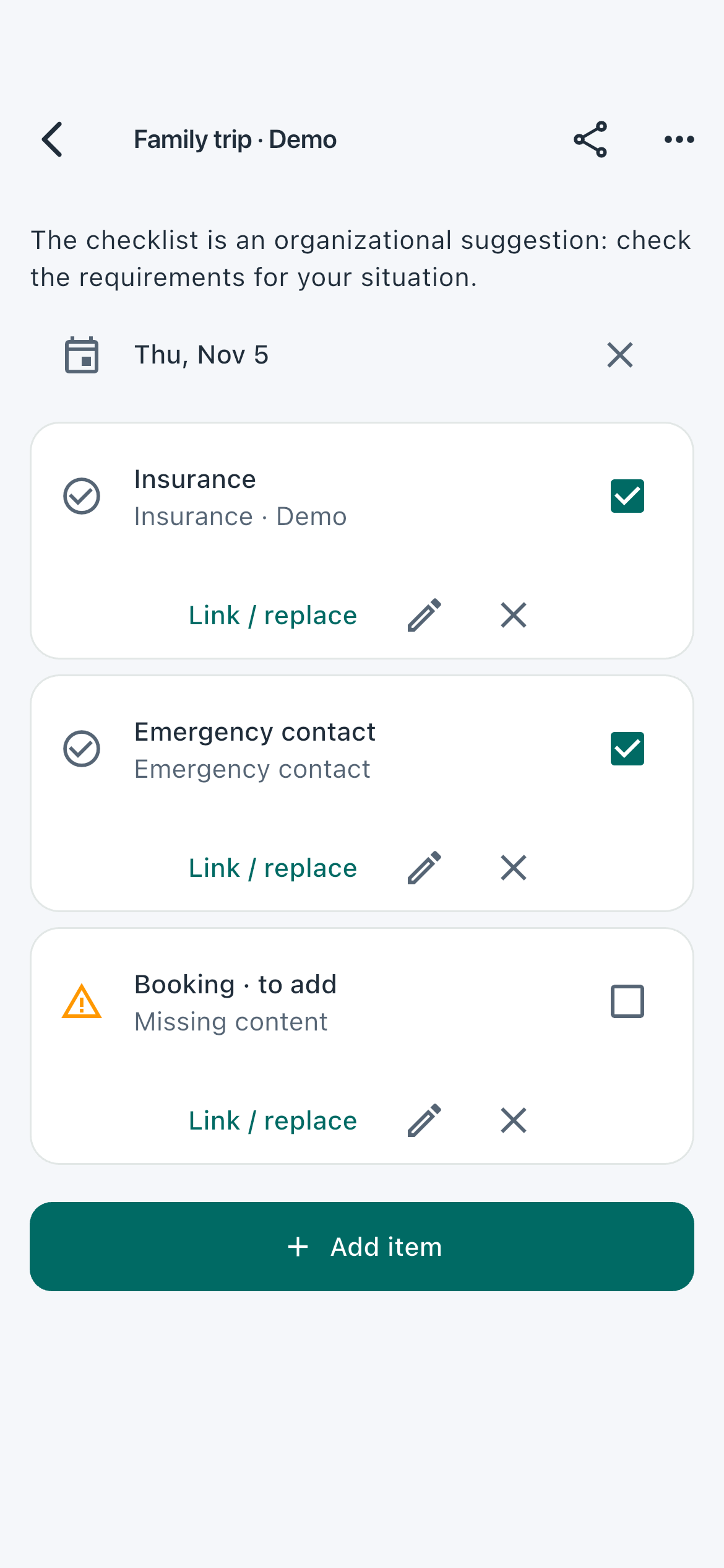 A collection with a checklist — actual app screen with fictional data