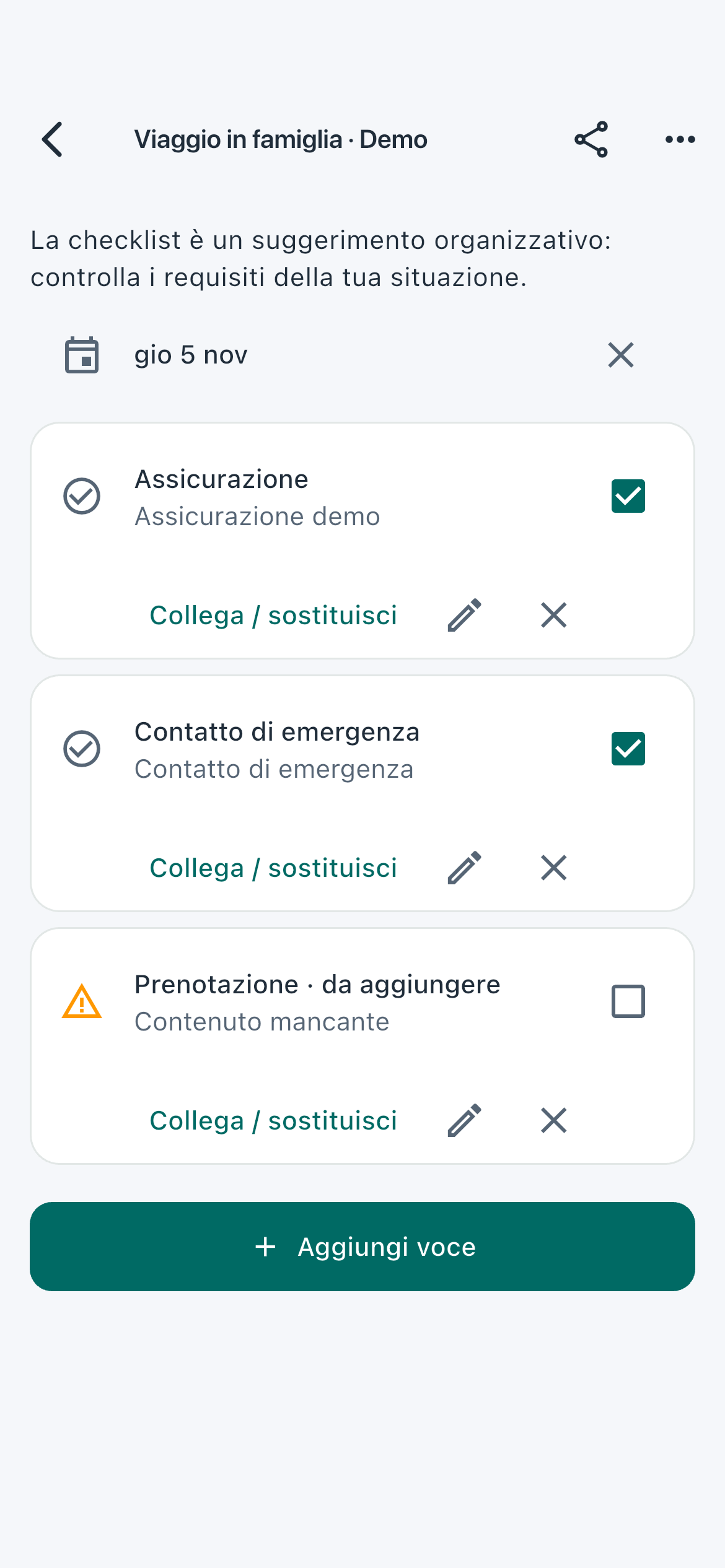 Una raccolta con checklist — schermata reale con dati inventati