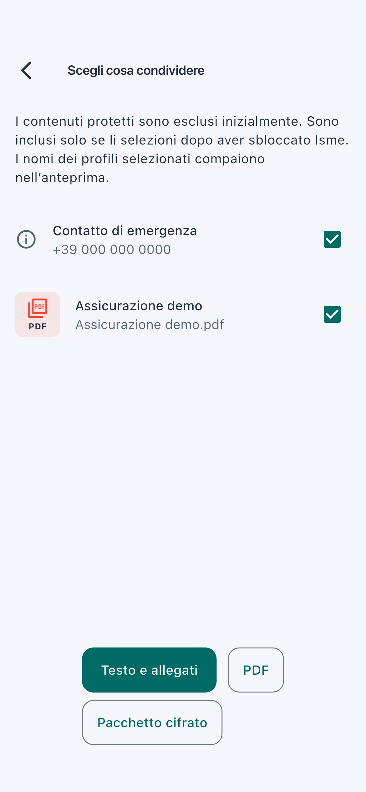 Scegli cosa condividere — schermata reale con dati inventati