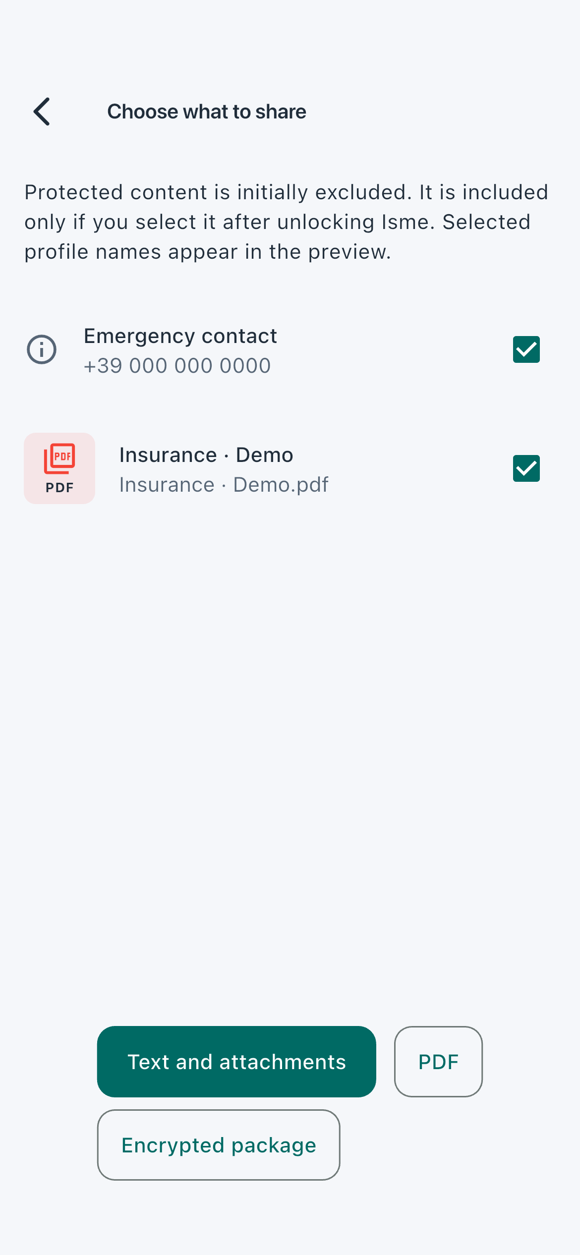 Choose what to share — actual app screen with fictional data